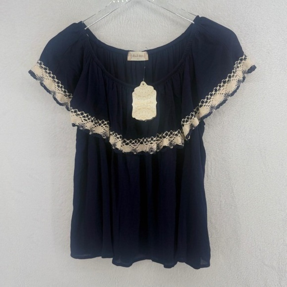 Altar'd State Peasant Blouse Womens Large Navy Blue Crochet Lace Boho Ruffle Top